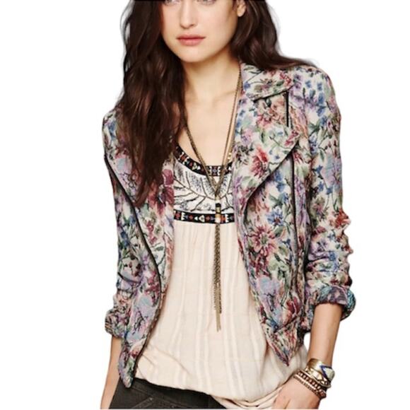 Free People Floral Tapestry Moto Jacket Zip Front Lined Cottage Grandma Bohemian - Picture 1 of 15